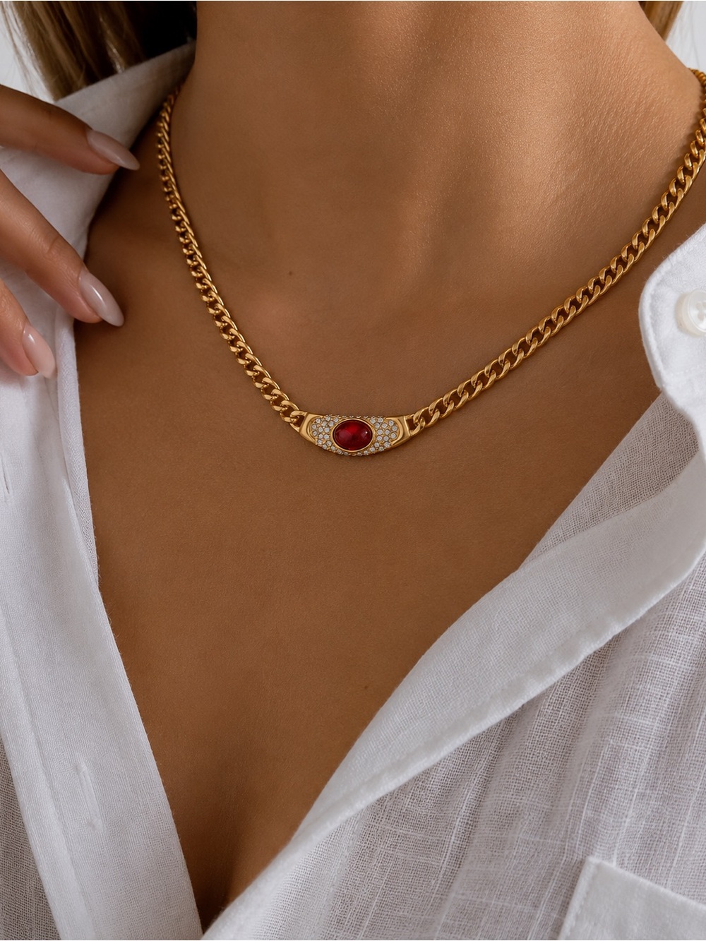 18K Gold Plated Red Stone & Cubic Zirconia Pendant Necklace